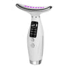 A white LED light therapy neck and face massager with vibration settings displayed on the body.