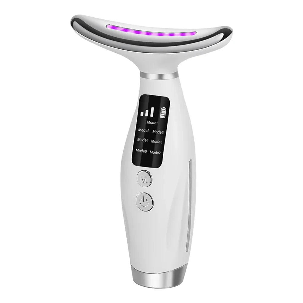 A white LED light therapy neck and face massager with vibration settings displayed on the body.