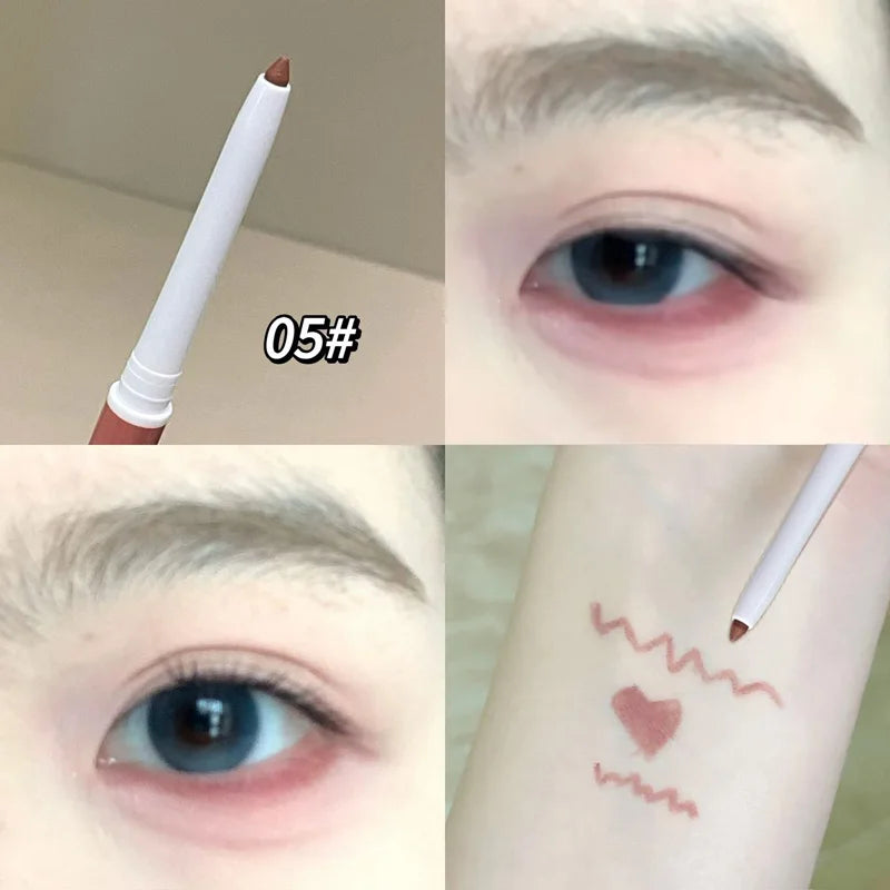 Nærbilde av en dobbel gel eyelinerblyant merket 05# påført et øye, med et hjerteformet design på huden.