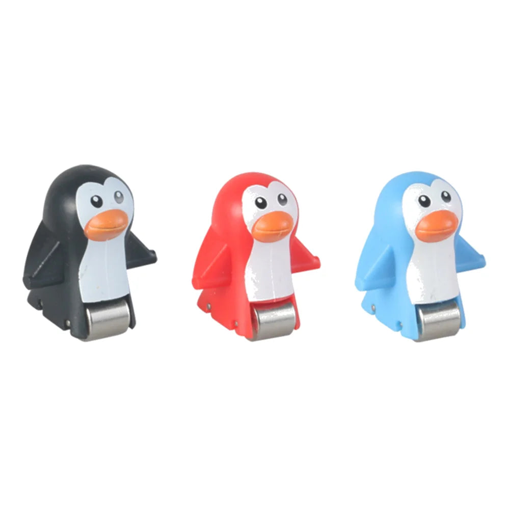A set of three animal racing car climbing stairs toys in black, red, and blue.