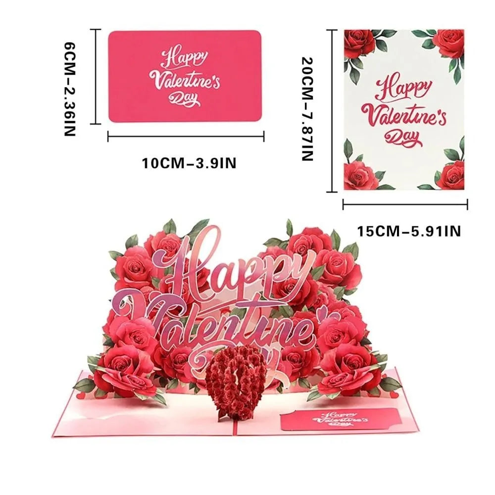 A pink 3D pop-up Valentine's Day card featuring a red rose tree design with a couple silhouette.