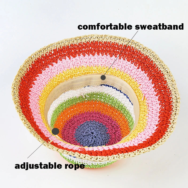 A rainbow striped crochet bucket hat showing a comfortable sweatband and an adjustable rope detail.