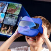 A child is using a blue 3D viewer to look at images of animals on a screen.