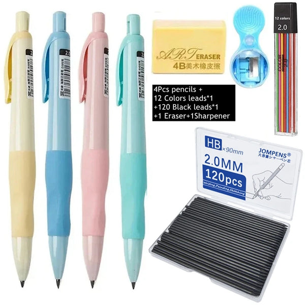 A set of 4 pencils, 12 color leads, and an eraser for a 2.0mm mechanical pencil set.