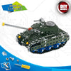 A detailed metal engineering vehicle building kit featuring a green tank model with tracks and components.