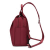 A maroon lightweight Oxford cloth mini backpack with a brown leather strap is shown against a white background.