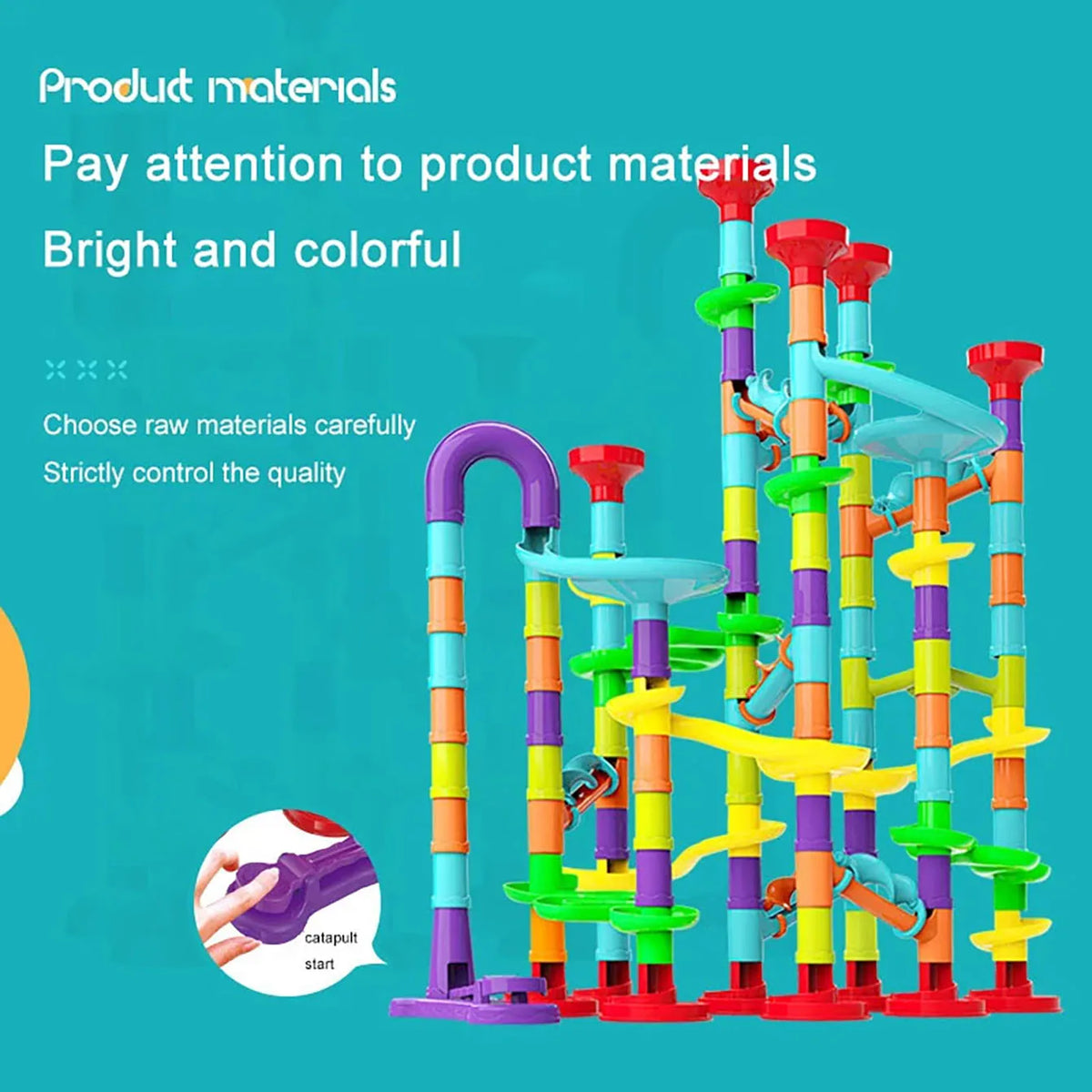 Colorful wooden marble run maze building blocks with various colored tubes and ramps for kids
