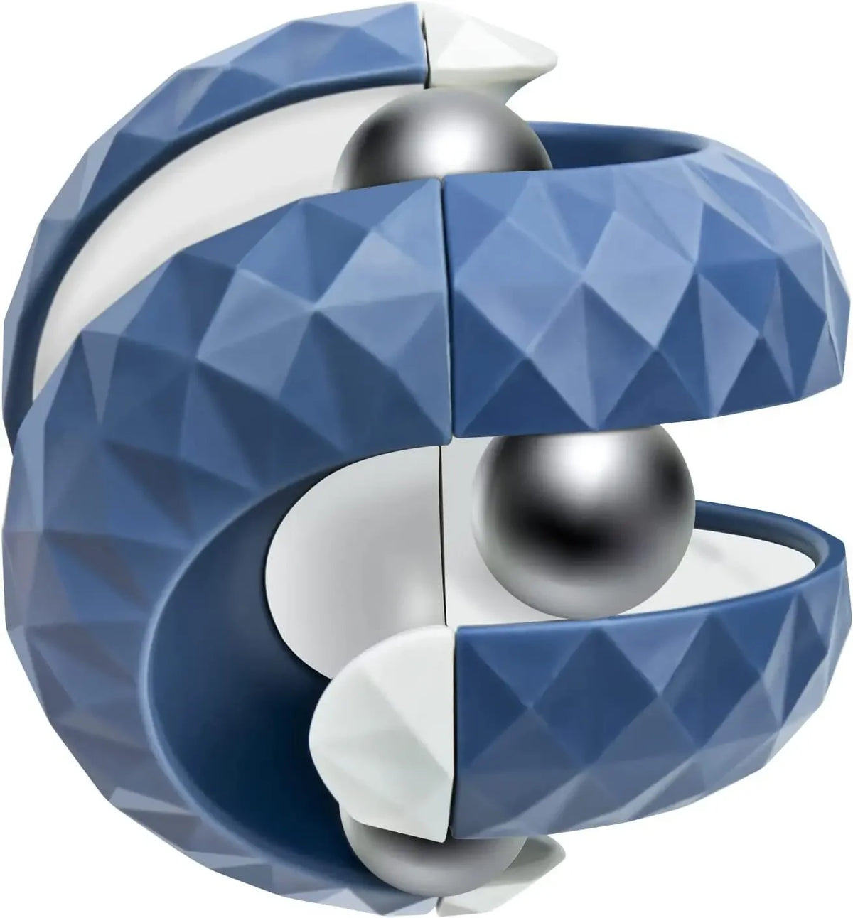 En blå og hvit geometrisk fidget-kube eller -ball sett fra en skrå vinkel.