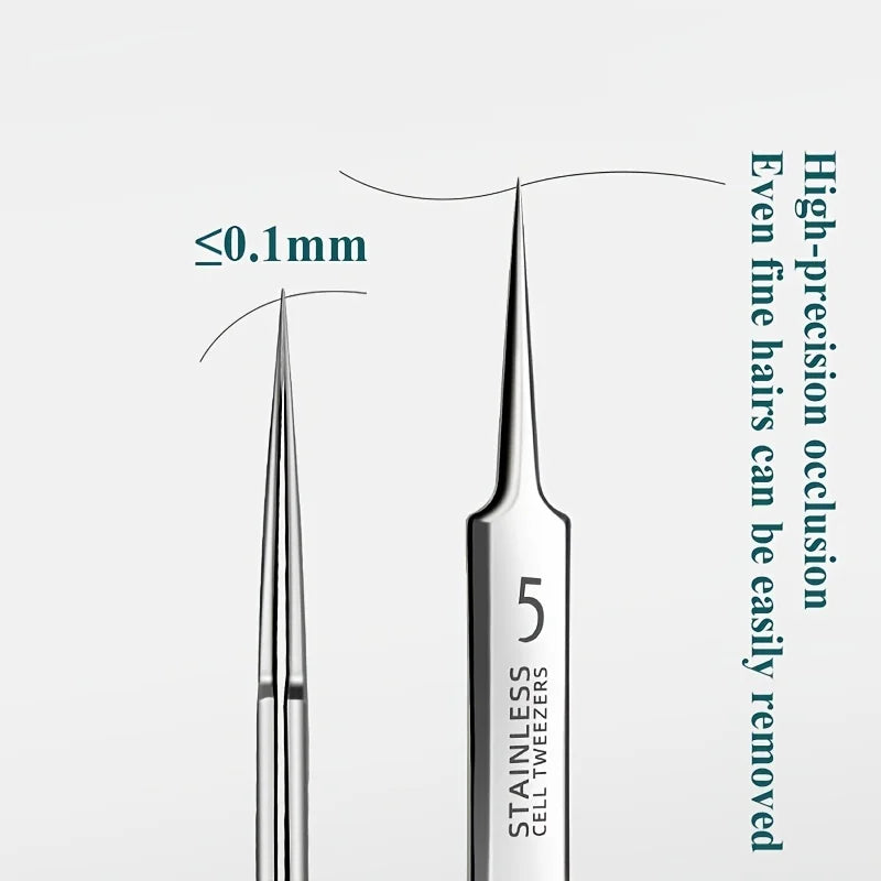 A close-up view of stainless steel tweezers used for fine-precision occlusion and cell removal.