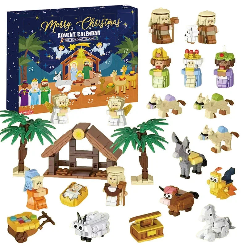 24 träklossar med julmotiv för adventskalender.