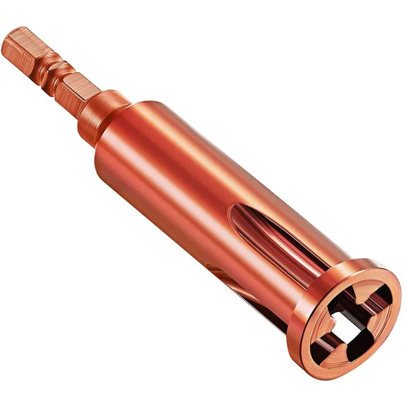 A copper-colored wire twisting and stripping tool with a hexagonal tip.