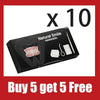 A black storage box containing a complete denture care set with a toothbrush and removal hook, advertised as buy five get fiv