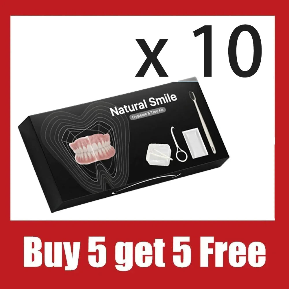 A black storage box containing a complete denture care set with a toothbrush and removal hook, advertised as buy five get fiv