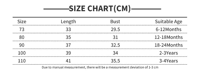 Size chart showing measurements like length, bust, and suitable age for a toddler fleece-lined corduroy jacket.