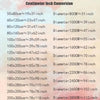 Conversion chart showing centimeter to inch conversions for various dimensions.