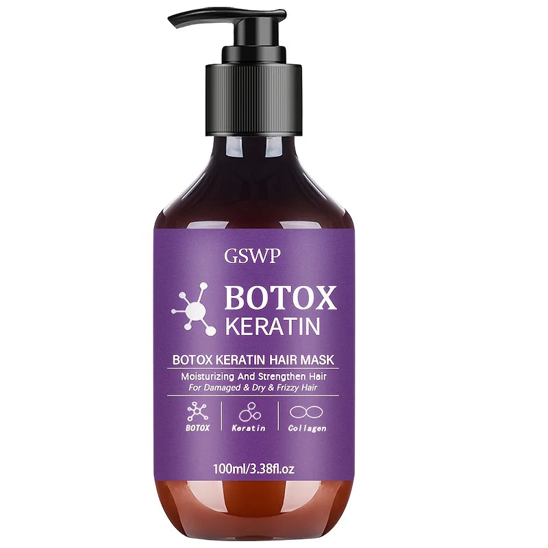 En mørkbrun flaske med GOTWP Botox Keratin Hårmaske og svart pumpe.