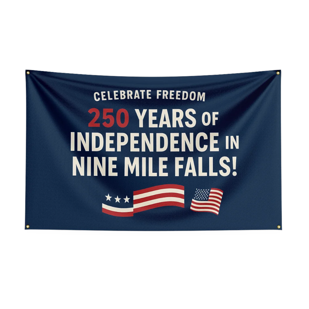 Mørkeblått flaggbanner som feirer 250 år med uavhengighet i Nine Mile Falls, med amerikansk flaggdesign.