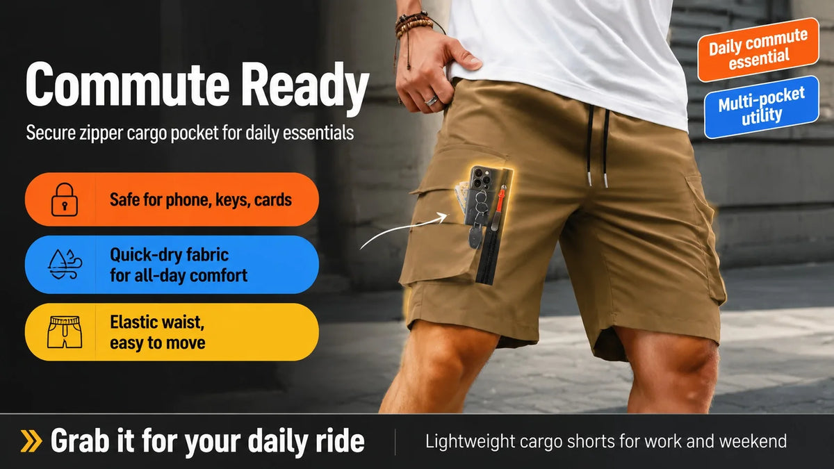 A close-up of olive green cargo shorts being worn by a man, highlighting the secure zipper pocket and features for daily comm