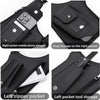 Bolsa táctica negra tipo bandolera con bolsillos para teléfono, cremalleras y compartimentos para herramientas.