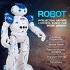 A white and blue robot with a head and arms is shown against a dark background, highlighting its features for entertainment.