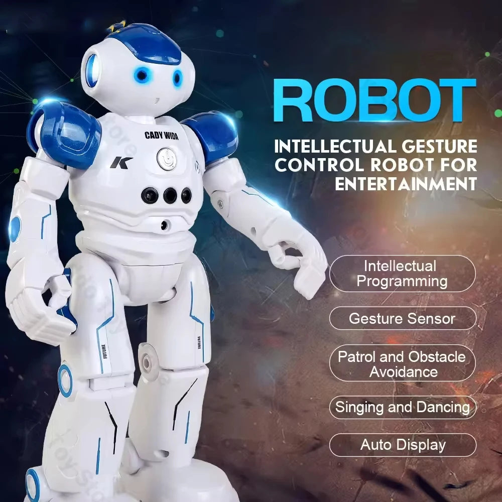 A white and blue robot with a head and arms is shown against a dark background, highlighting its features for entertainment.