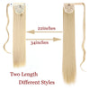 Two length hair extensions in blonde color shown with measurements of 22 inches and 34 inches