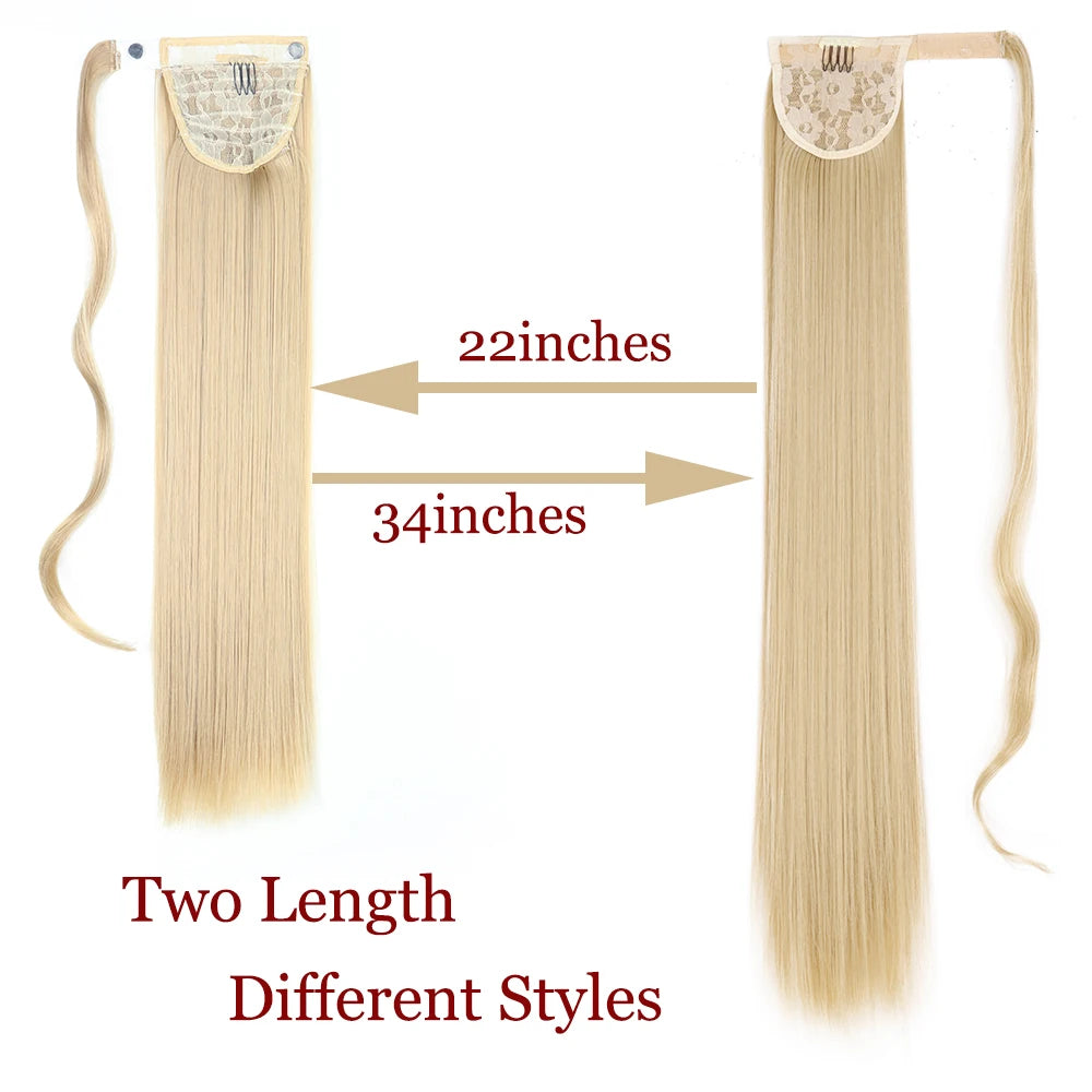 Two length hair extensions in blonde color shown with measurements of 22 inches and 34 inches