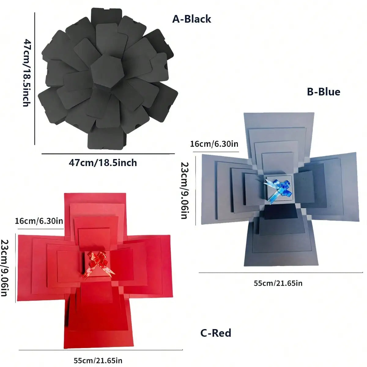 Three color options of a DIY explosion surprise gift box kit: black, blue, and red.