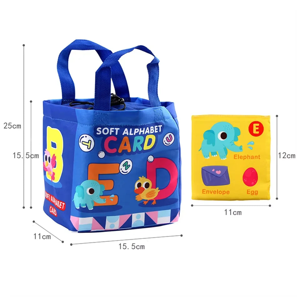 A blue fabric storage bag for soft alphabet cards, showing a yellow letter E and an egg card.