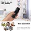 A hand holds a black rechargeable laser distance measurer with a backlit display, demonstrating its easy to use feature.