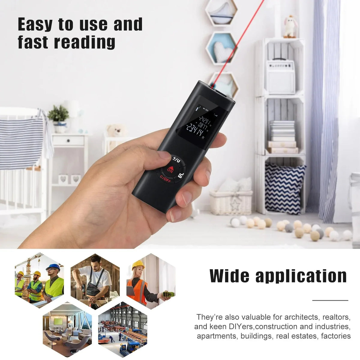 A hand holds a black rechargeable laser distance measurer with a backlit display, demonstrating its easy to use feature.