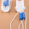A white plastic mold for applying blue socks, with a string attached to the socks.