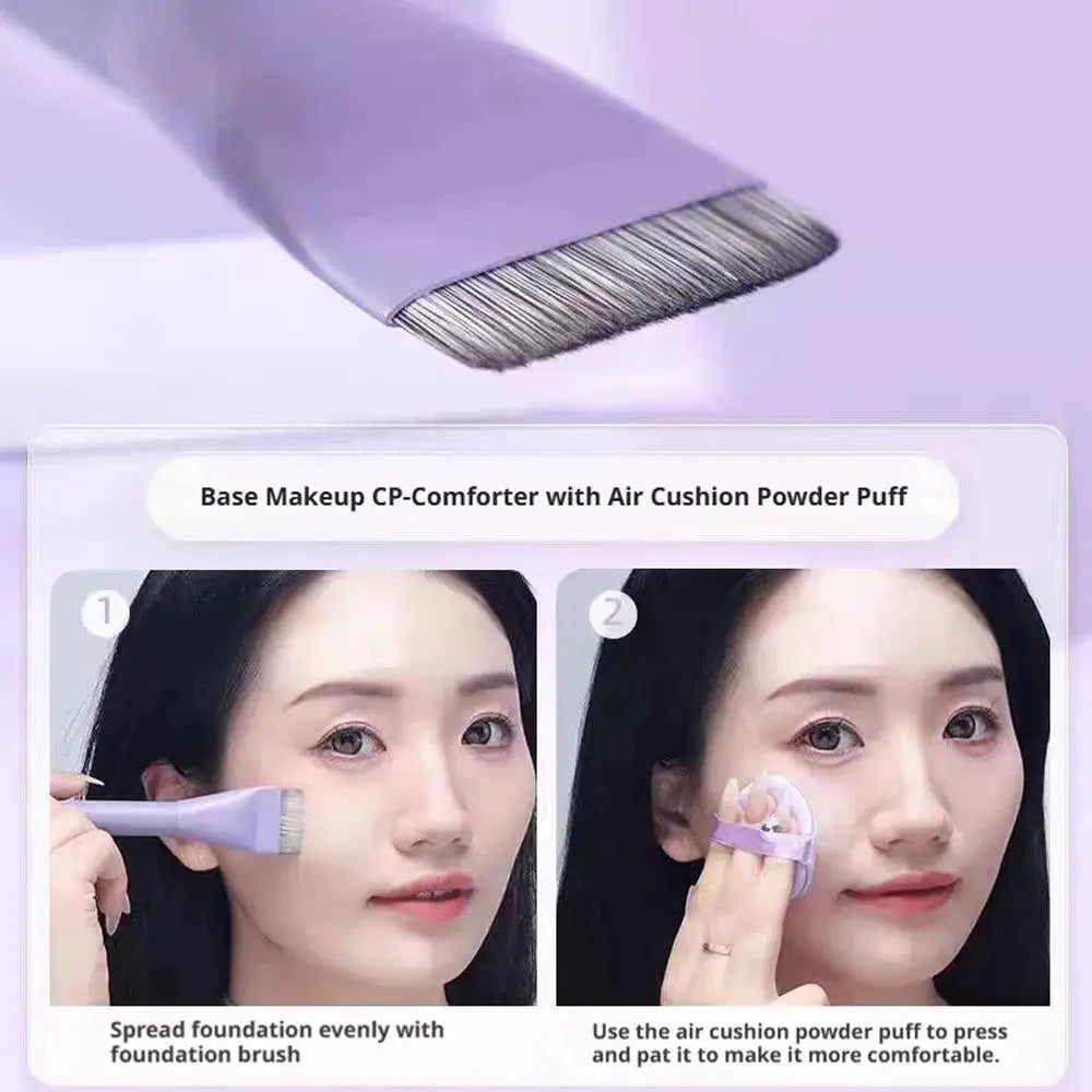 A close-up of a purple foundation brush being used to spread foundation evenly on a woman's face.