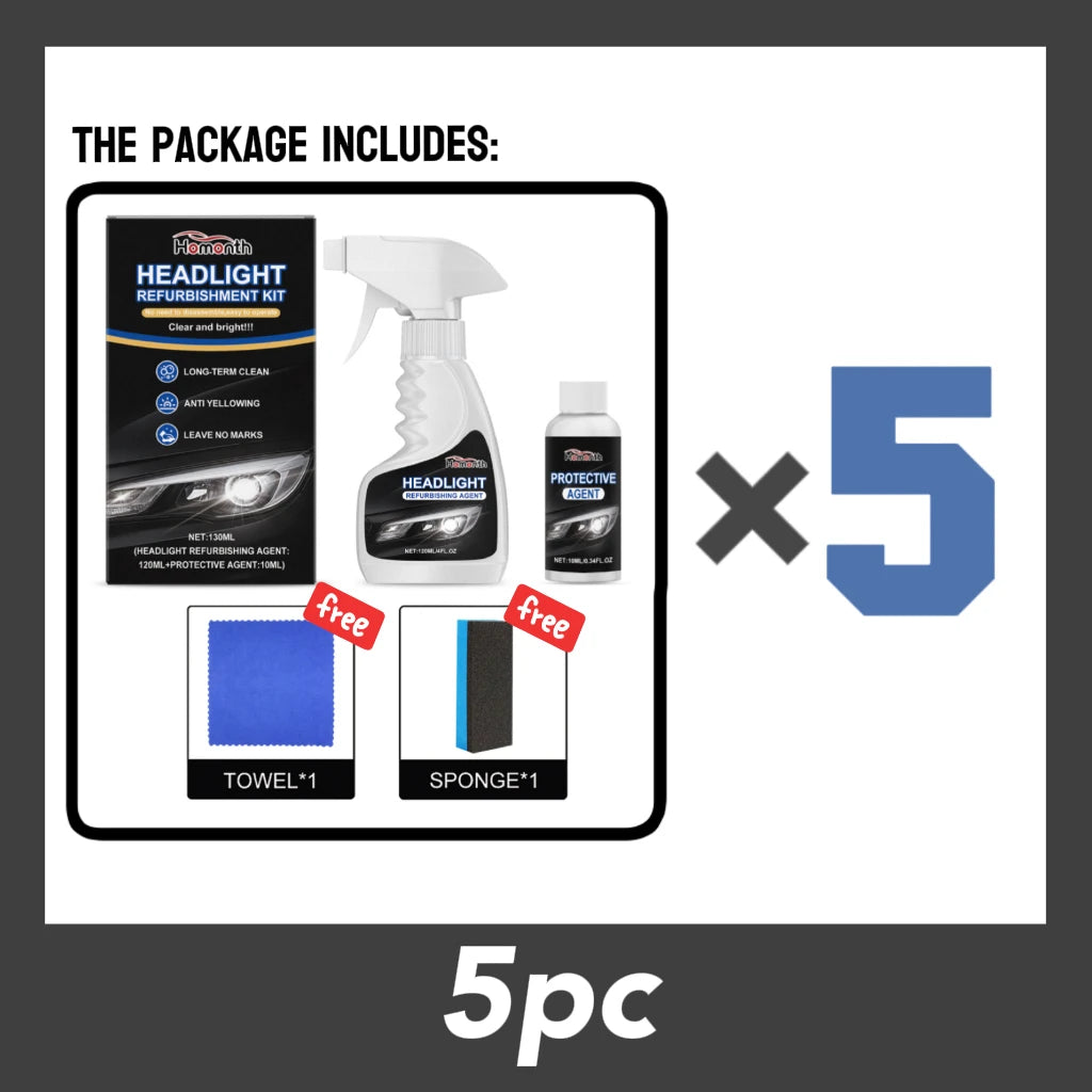 Five headlight refurbishment kits including a headlight kit, protective agent, towel, and sponge.