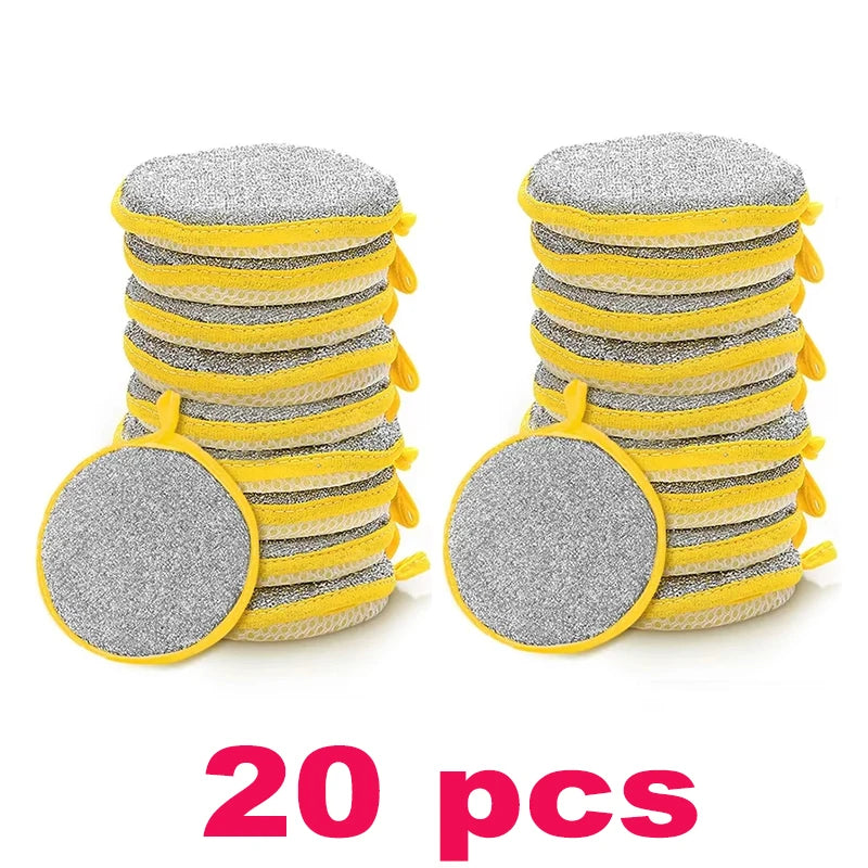 A set of twenty yellow and gray double-sided non-stick dish sponges with scouring pads.