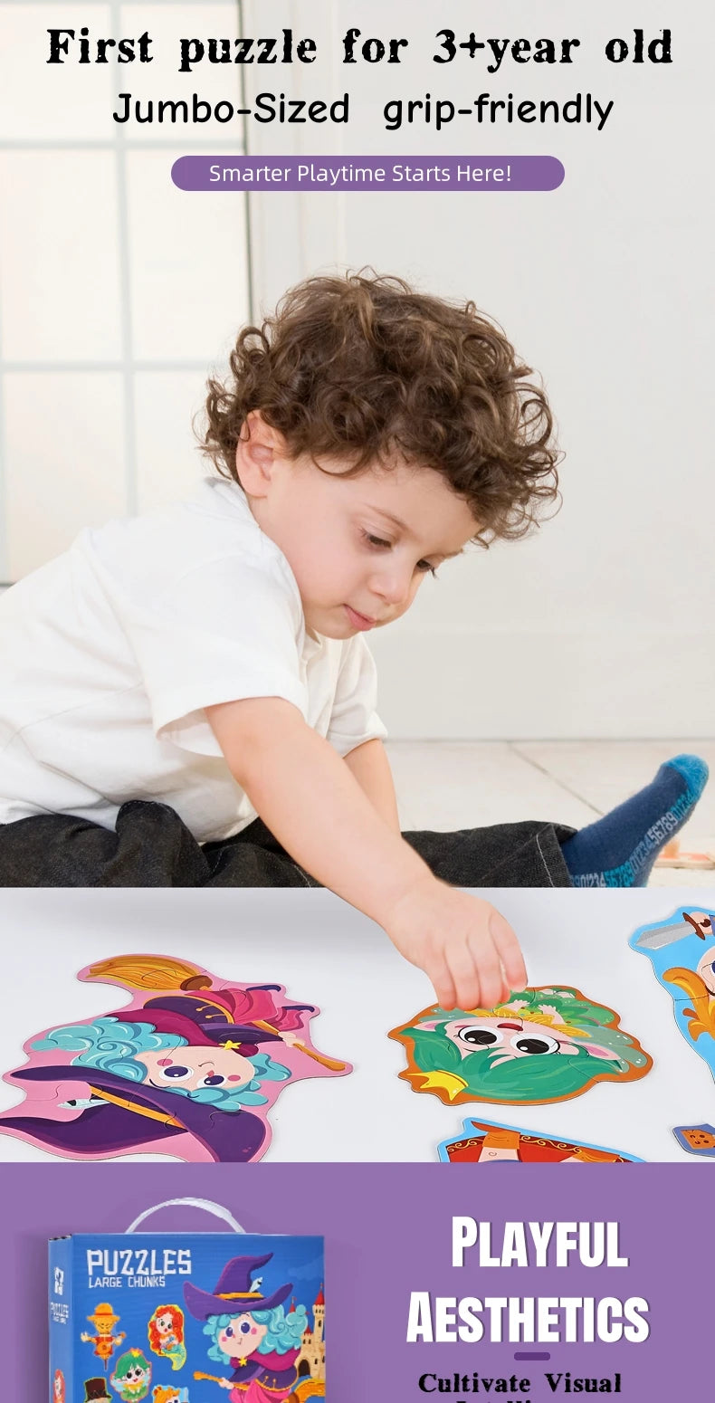 A child is working on a jumbo-sized puzzle featuring colorful, playful aesthetics.