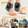 A pair of gray portable massage devices for the right and left foot are shown, demonstrating their use.