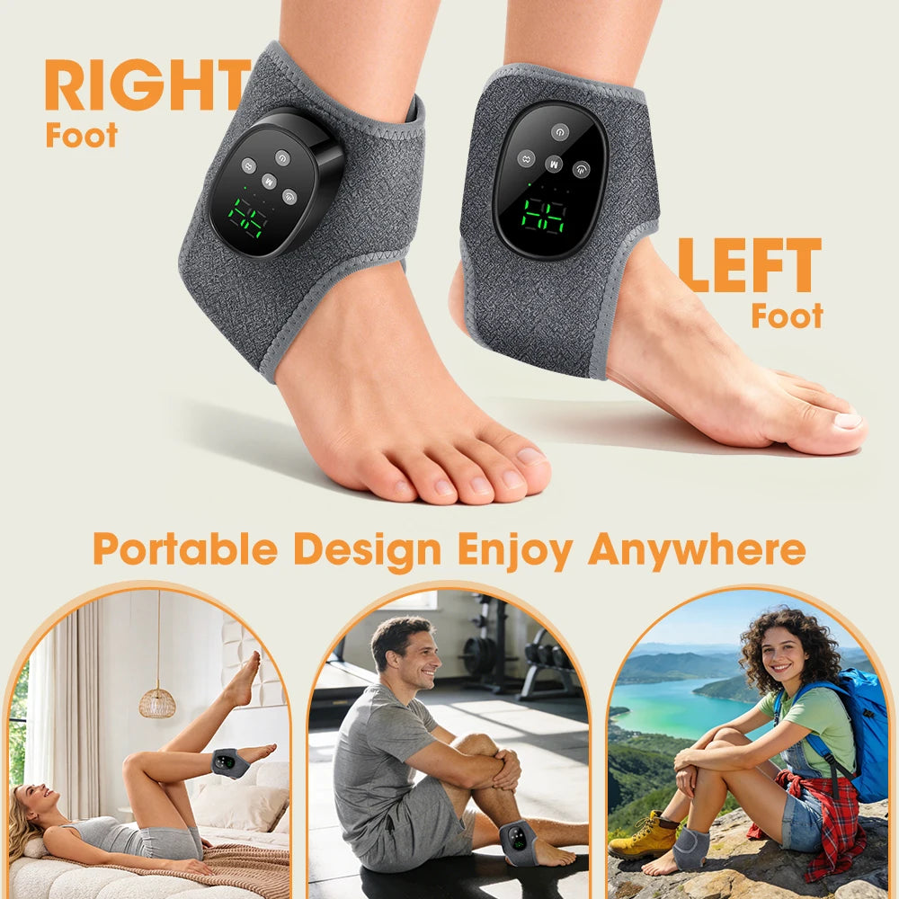 A pair of gray portable massage devices for the right and left foot are shown, demonstrating their use.