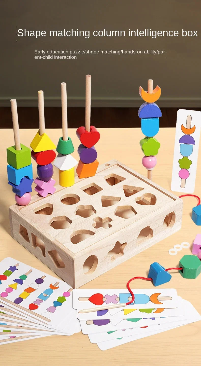 A wooden shape matching column intelligence box with various colored wooden shapes and sorting sticks.