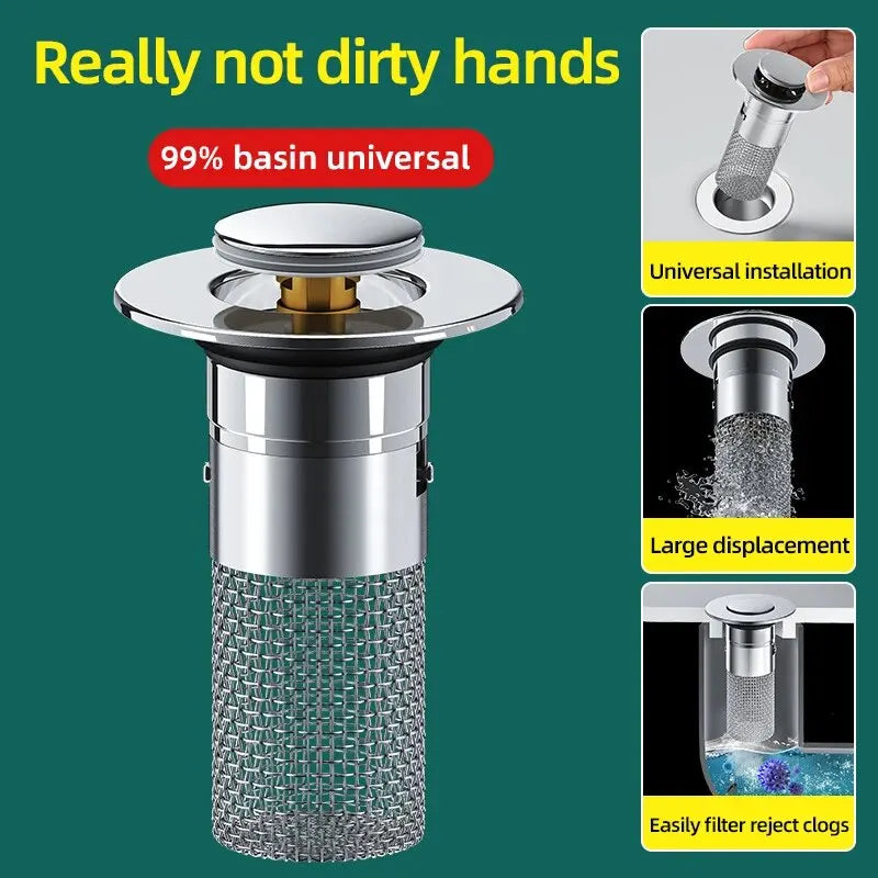 A silver press-type sink drain stopper with a mesh filter and a removable cap.