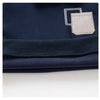 Navy blue fleece pullover sweatshirt with a light gray pocket detail and ribbed collar.