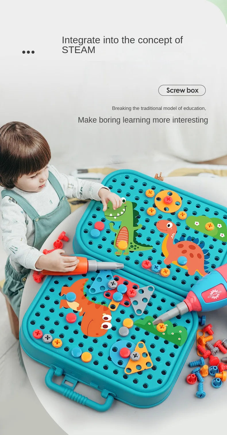 A teal plastic tool kit for kids featuring a power screwdriver and various colorful screws and components for pretend play.