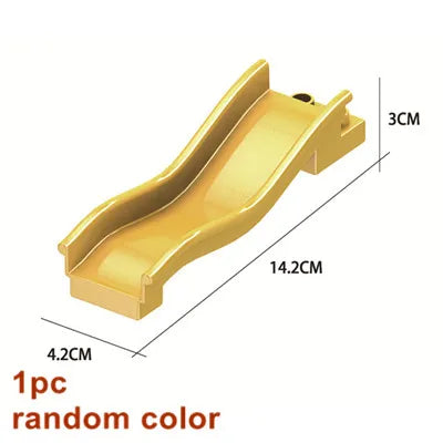 A yellow marble run building block track piece with a funnel, measuring 3cm long and 14.2cm in length.