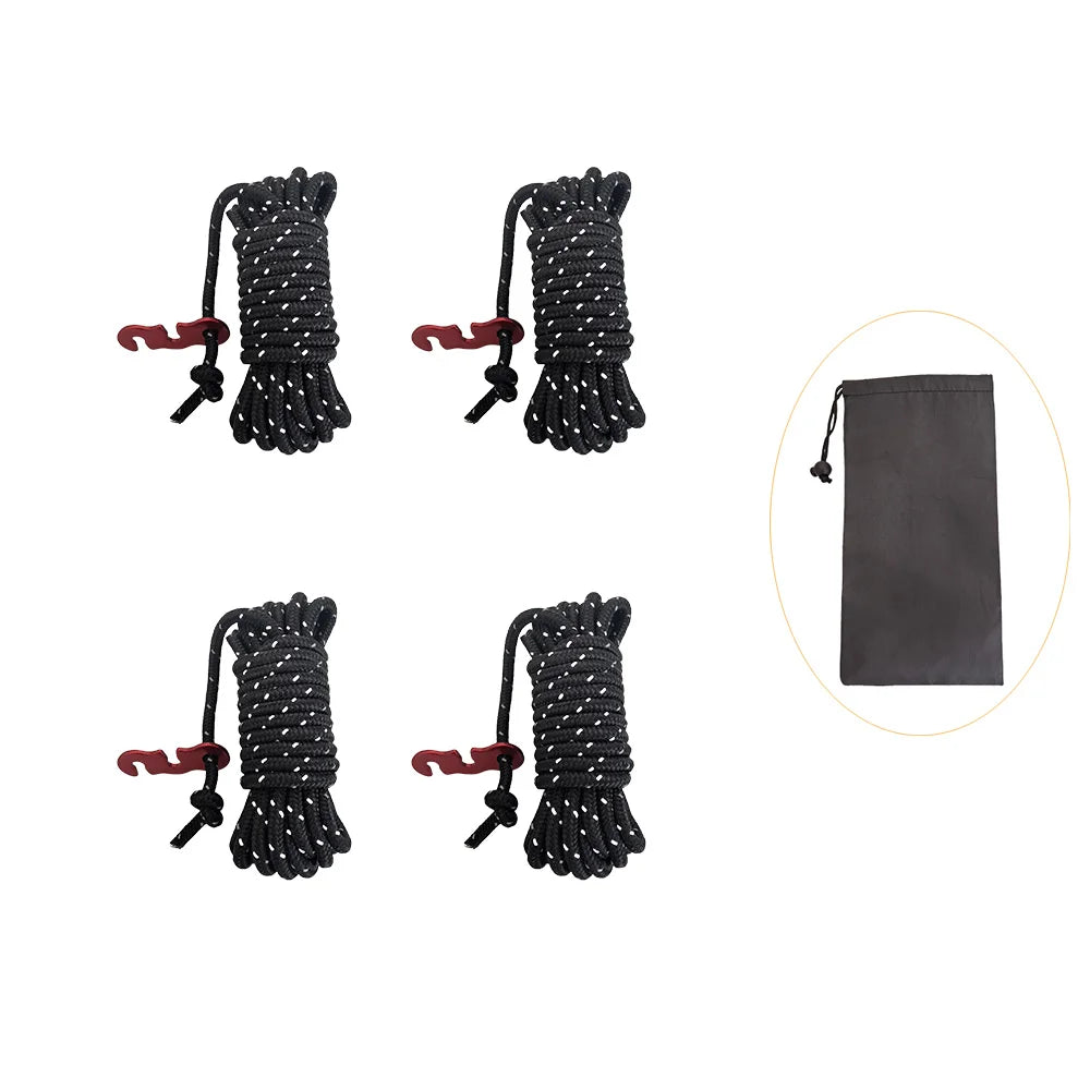 Set of four black reflective camping guy lines with aluminum tensioners and a black storage pouch