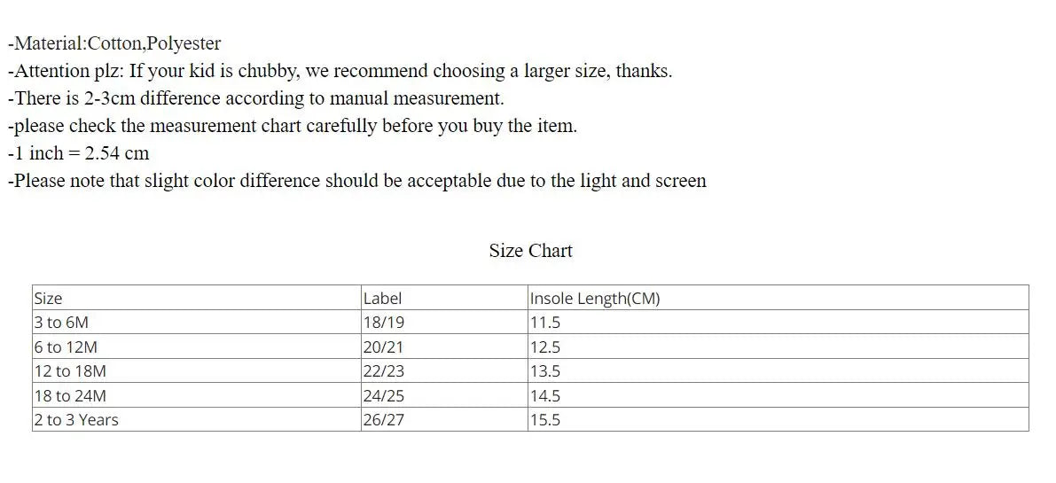 Size chart for Soft-Soled Baby First Walker Socks Shoes showing various sizes and corresponding inseam lengths in centimeters