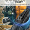 A black clip design flashlight is shown attached to a backpack, demonstrating its portability.