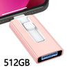 A pink flash drive with Type-C and Micro USB adapters is shown next to a smartphone.