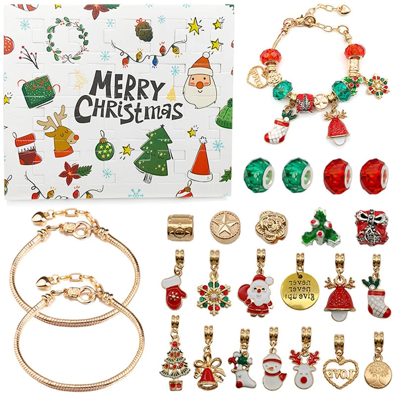 A collection of charm bracelets and a Christmas countdown calendar featuring festive designs.