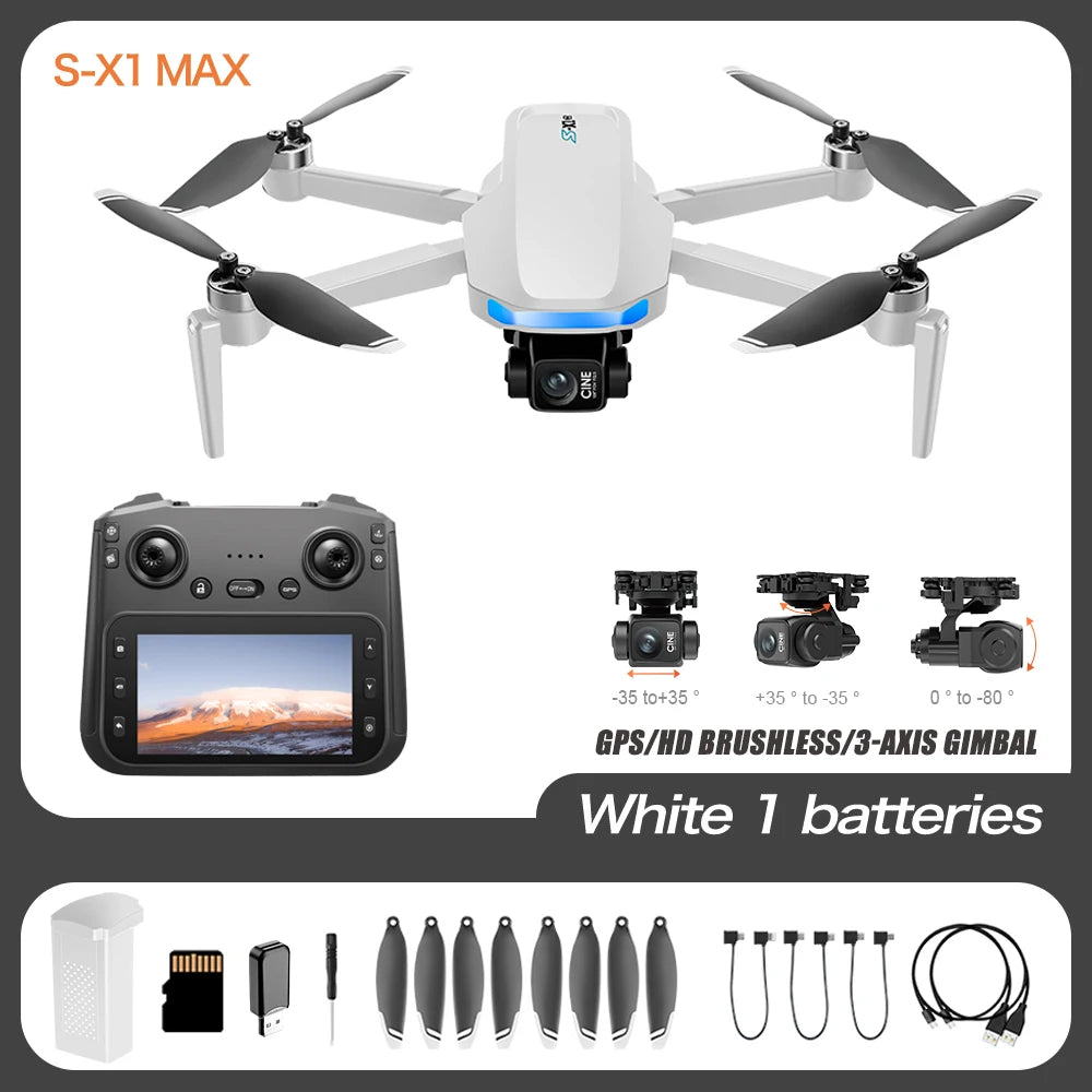 White S-X1 MAX GPS drone with 3-axis gimbal and display remote, showing various accessories.