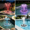 A collection of four images showing a solar floating water fountain with RGB LED lights in various settings.